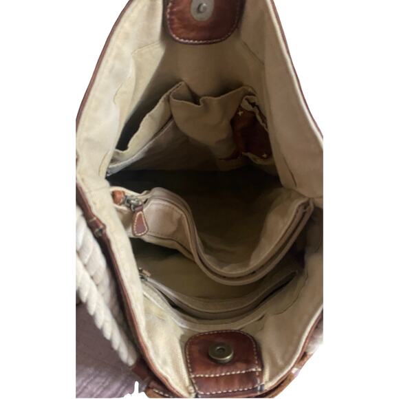 Vtg GAP Jeans Canvas Bucket Bag Tote Rope Cream Brown Leather Y2K 90s Hobo Purse - Picture 2 of 16